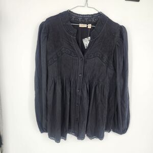 LOGO Lavish XS Black Button Front Lace Trim Blouse NWOT